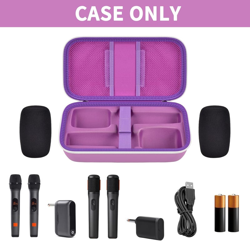 Comecase حافظة ميكروفون لاسلكي لجهاز JBL PartyBox ونظام ميكروفون مزدوج، صندوق تخزين للسفر للميكروفونات الكاريوكي مع غطاء رغوي للميكروفون، يحمل 2 ميكروفون، مستقبلات، محولات، بطاريات AA - بنفسجي - Image 2